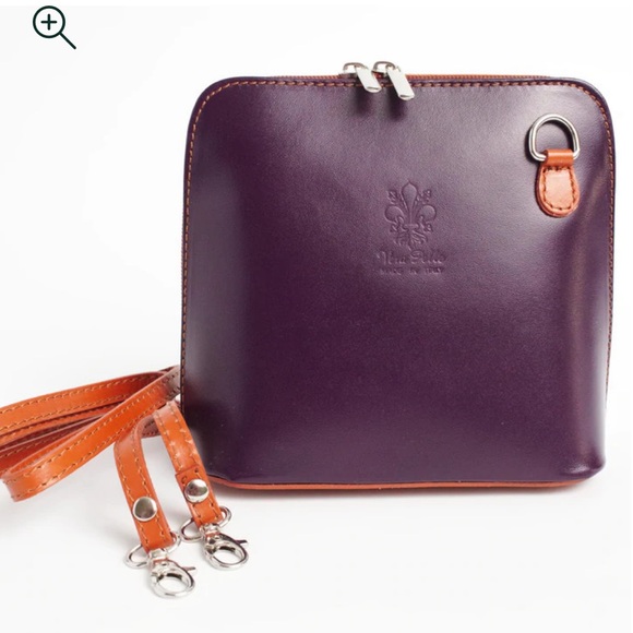 Solo Perche Artimio Crossbody Handbag Italian Leather Purple Tan Italy - Picture 1 of 9